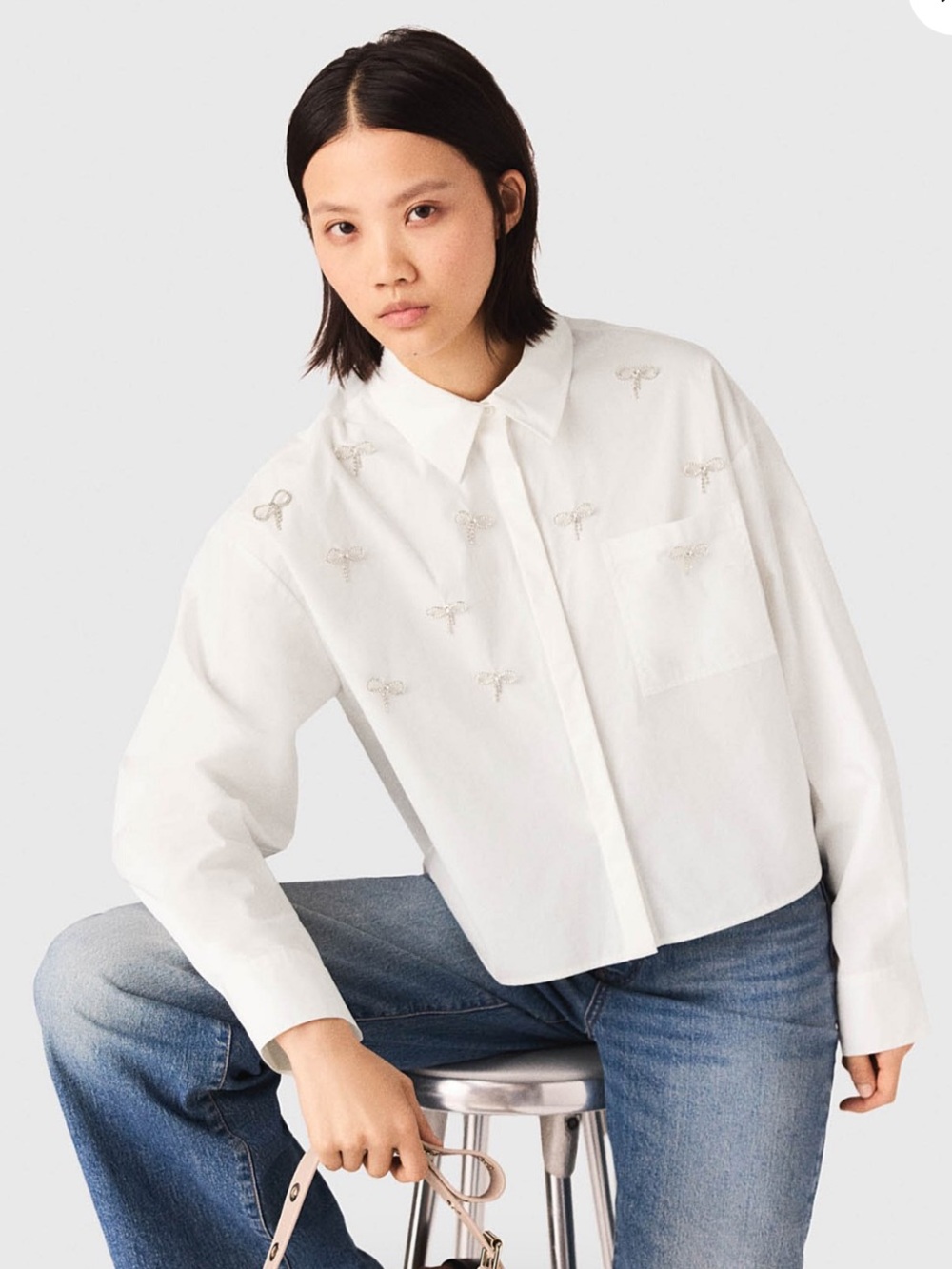 Maje CINEULI White Long-Sleeve Button Shirt With Rhinestone Bows—missing 3 bows